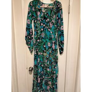 FIGUE 100% Silk Floral Maxi Dress - Boho Luxe Tassel Detail - Size Small